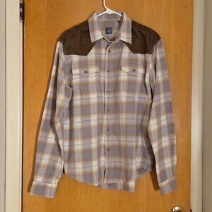 GRAY Saks Fifth Ave Button Up Flannel Shirt Size L Tan Plaid Faux Suede Cowgirl